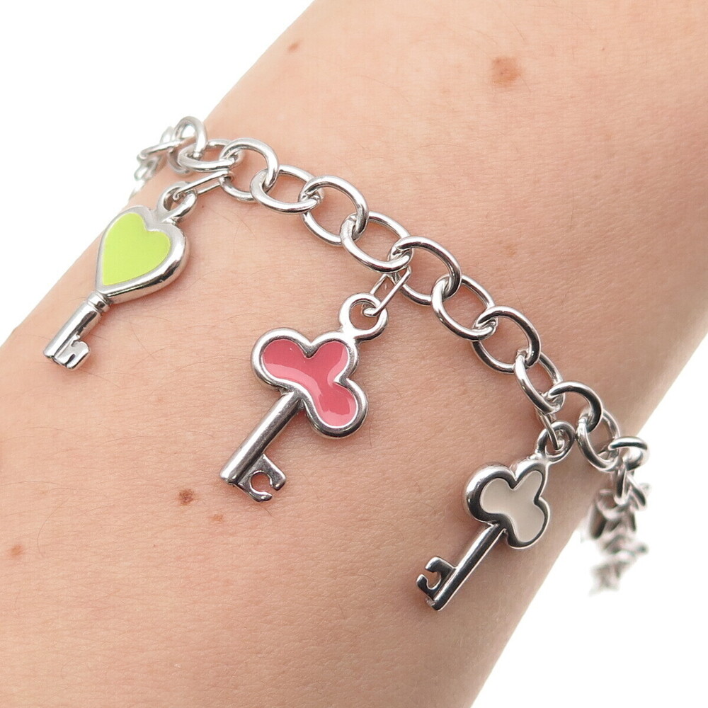 925 Sterling Silver Enamel Hearts & Clubs Key Dangle Charm Bracelet 7"